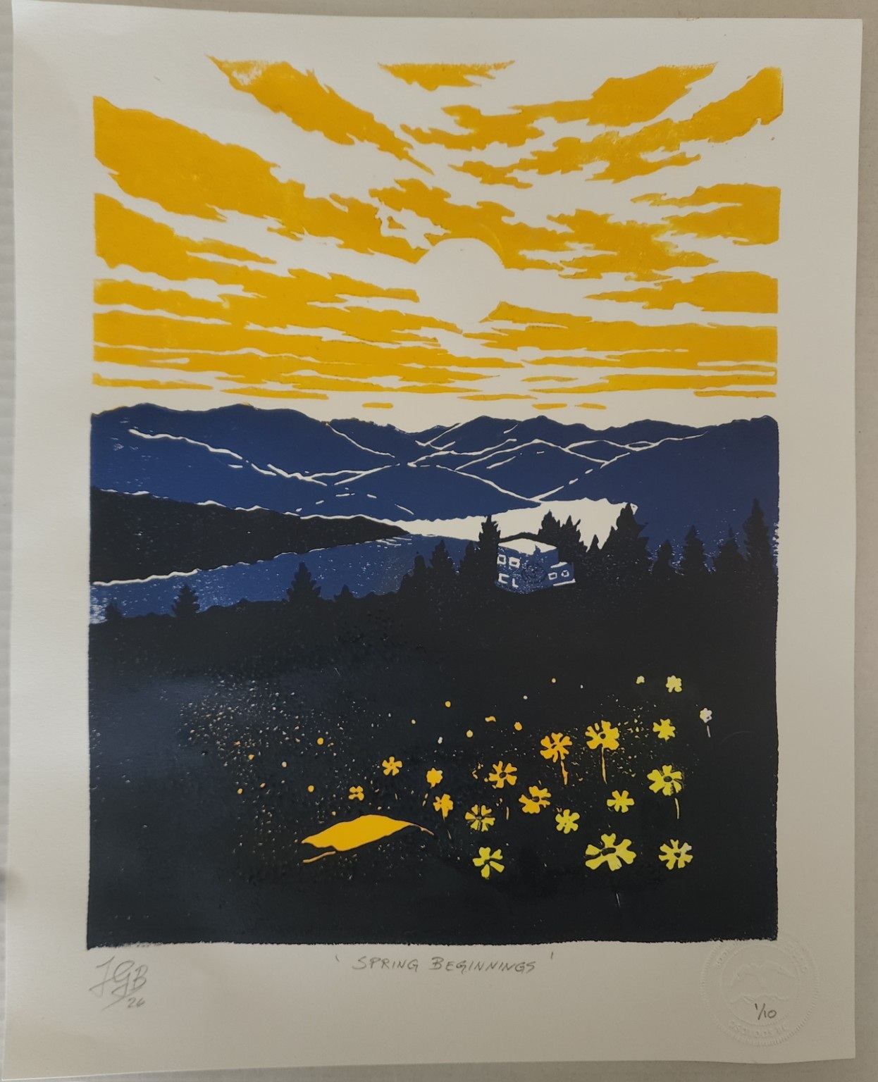 Spring Beginnings reduction linocut print