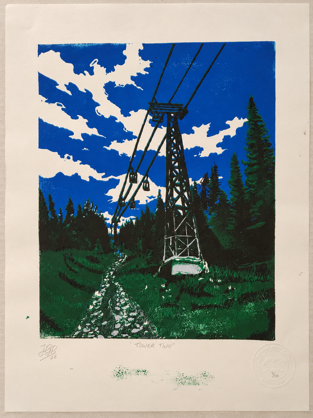 Tower Two reduction linocut print